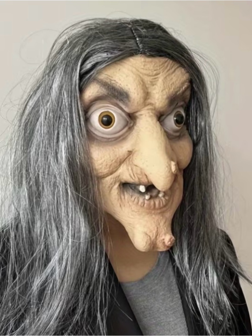Witch Latex Halloween Mask with Long Gray Hair - Women Makeup